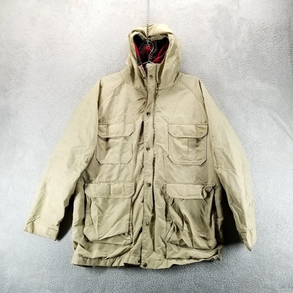 VTG Woolrich Coat Mens L Beige Parka Hooded Wool Lined Full Zip Field Outdoor